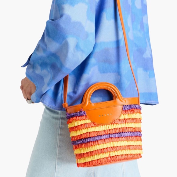 MARNI Tropicalia leather-trimmed faux raffia bucket bag NWT - Picture 3 of 9